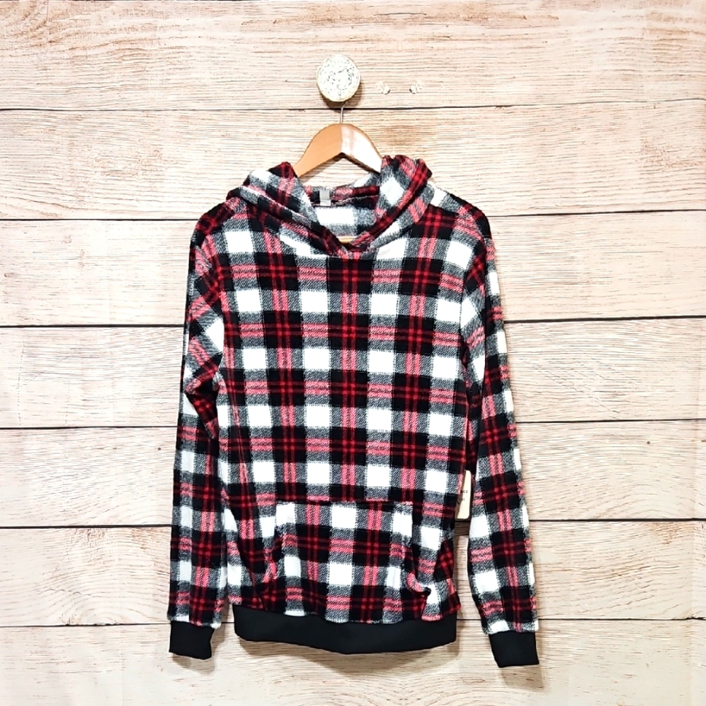 NWT Orange KISS Fleece Plaid Hooded Short Set Red and Black Small